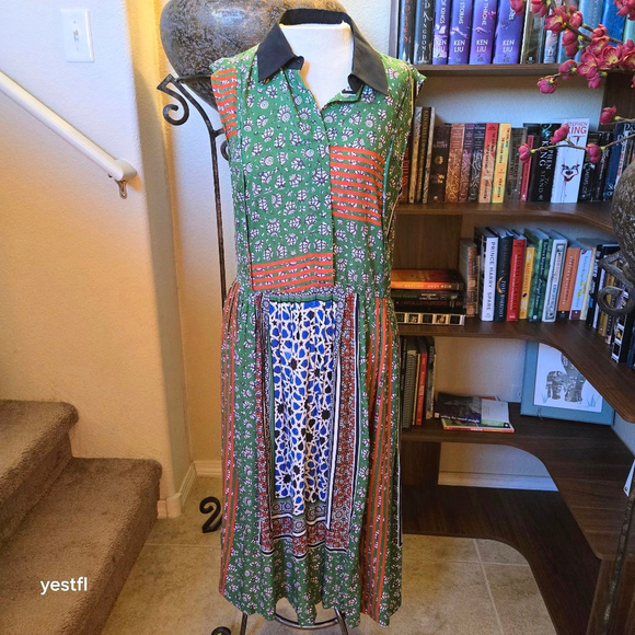 Preen Line Dress Size S Green Orange pattern collared sleeveless - Picture 2 of 7